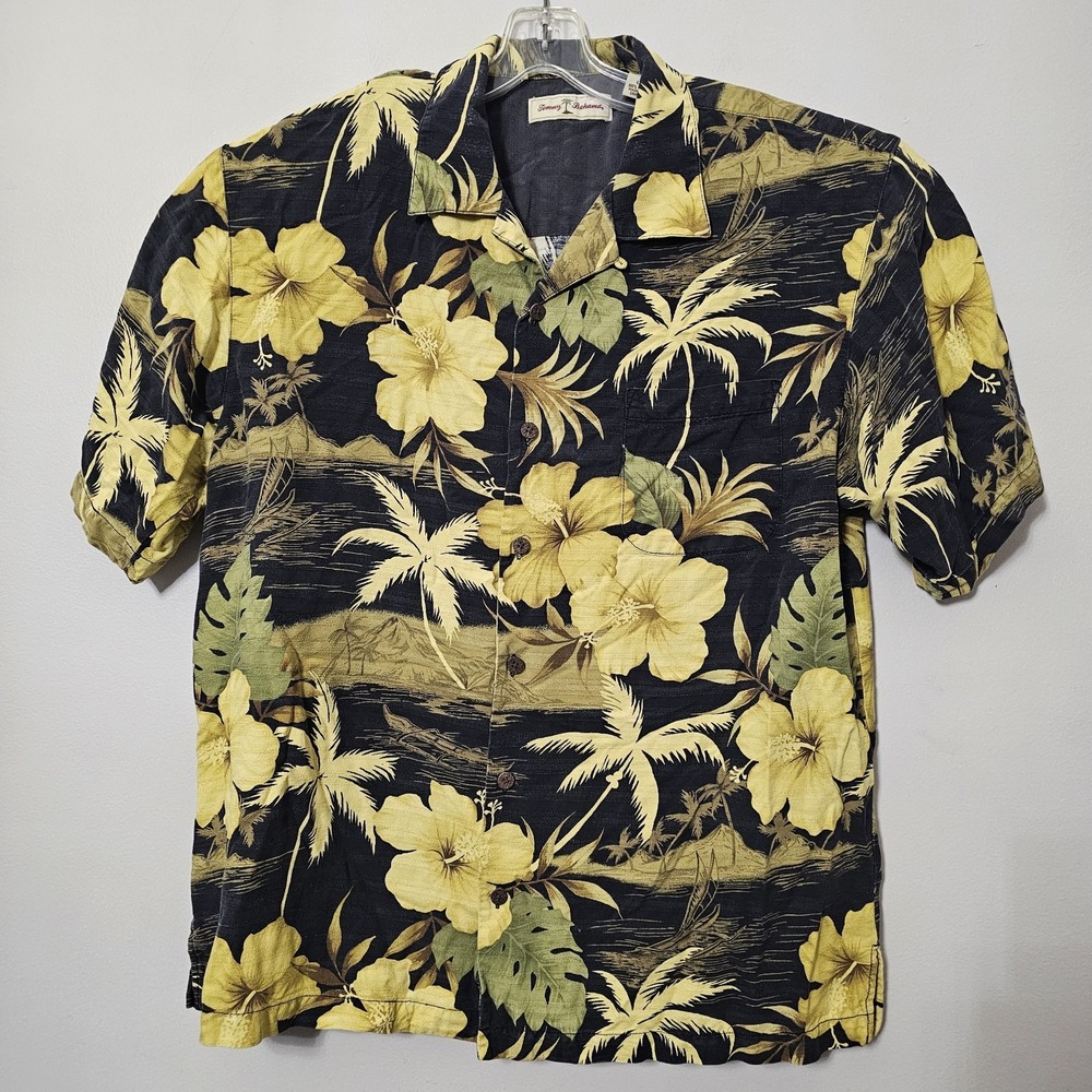Tommy Bahama Hawaiian Shirt Men's Size‎ Large Black Yellow 100% Silk Floral Camp